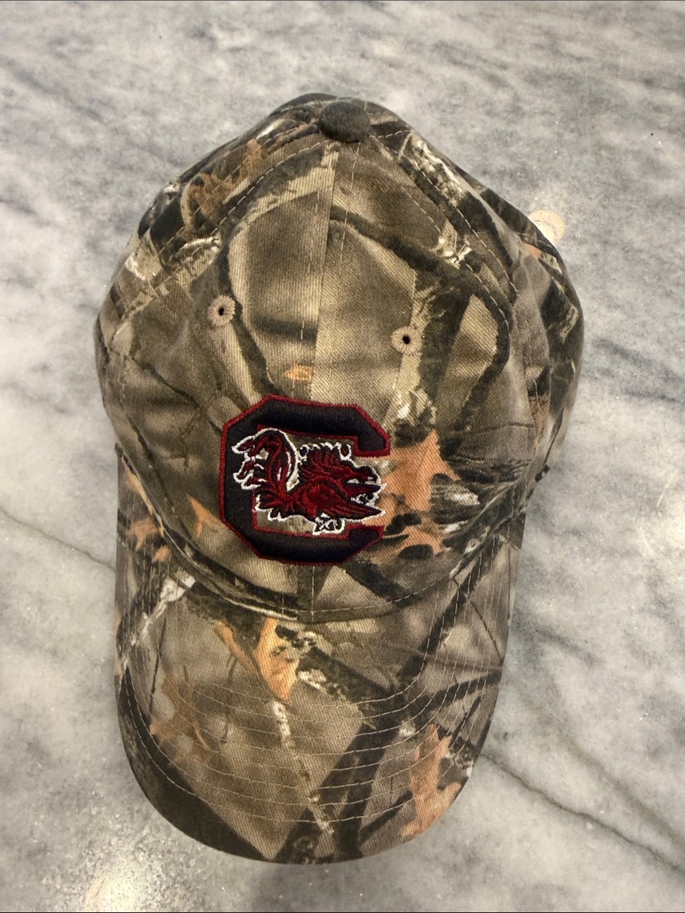 Camouflage Baseball Cap with Red Gamecock Emblem